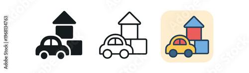 Toy car and building blocks icon set. children's toys, playthings, preschool, blocks and vehicle, development, imaginative play. line, flat and colored vector icon set.