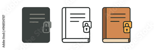 Locked journal icon set. closed diary with padlock, private notebook, secure journaling for therapy and reflection. line, flat and colored vector icon set.