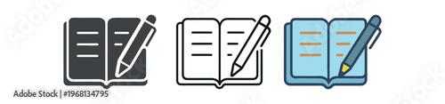 Open notebook with pen icon set. journaling, writing, diary, notes, planner, creativity, study, productivity. line, flat and colored vector icon set.