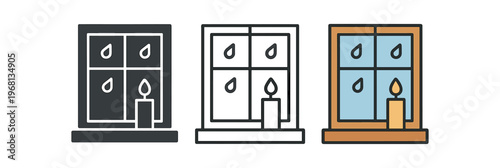Candle on windowsill icon set. rainy window, cozy home, candlelight, comfort, indoor mood. line, flat and colored vector icon set.
