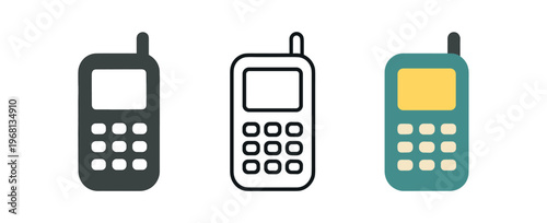 Mobile phone icon set. cellphone, handset, keypad, communication, call, mobile device, signal, retro phone. line, flat and colored vector icon set.