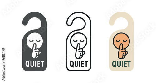 Door hanger quiet icon set. silence, shush, do not disturb, sleeping, privacy, calm. line, flat and colored vector icon set.