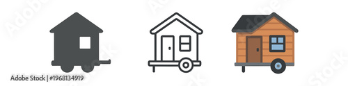 Tiny house on wheels icon set. mobile home, caravan, trailer, tiny living, cabin, travel dwelling. line, flat and colored vector icon set.