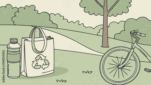 Eco-friendly Lifestyle and Outdoor Activities A Bicycle, Reusable Bag, and Water Bottle in a Park Setting