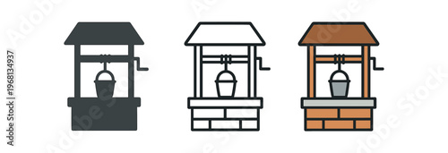 Water well icon set. village well, bucket well, hand crank, rural water source, brick well, outdoor structure. line, flat and colored vector icon set.