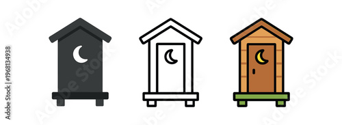 Outhouse icon set. outhouse, toilet, latrine, restroom, moon cutout, rustic cabin, camping, off-grid living, wooden shack. line, flat and colored vector icon set.