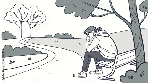 A solitary individual finds solace and reflection on a park bench amidst the tranquility of nature