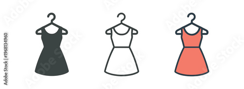 Dress icon set. hanger, clothing, female dress, garment, wardrobe, fashion, retail. line, flat and colored vector icon set.