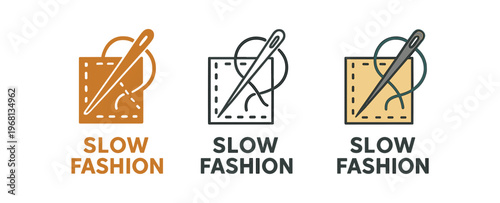 Slow fashion icon set. needle, thread, sewing, patch, repair, sustainable clothing, mending, eco fashion. line, flat and colored vector icon set.