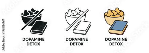Books and snacks dopamine detox icon set. reading, mindful habits, no-screen routine, snack bowl, book and chopsticks. line, flat and colored vector icon set.