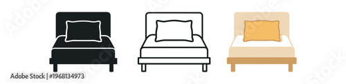Bed with pillow icon set. bedroom, sleep, mattress, rest, hotel, comfort, furniture, interior. line, flat and colored vector icon set.