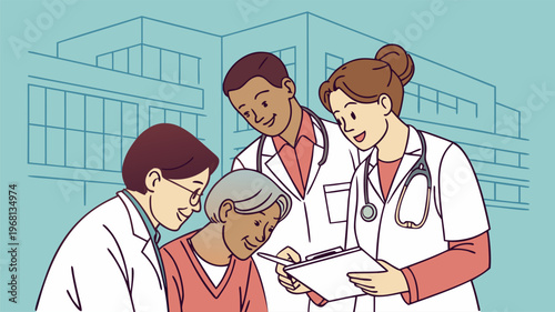 Medical professionals discuss patient's health results on a clipboard outside a hospital building