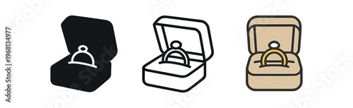 Ring in jewelry box icon set. engagement ring, wedding, proposal, gold, gift, luxury, jewel case. line, flat and colored vector icon set.
