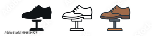 Shoe on cobbler stand icon set. shoe repair, cobbler, footwear, polish, sole, stitch, anvil, workshop. line, flat and colored vector icon set.