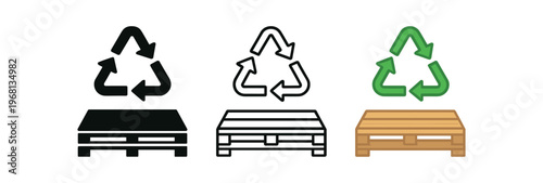 Wooden pallet with recycling arrows icon set. upcycled pallet, reuse, recycling, eco, sustainable, crate, transport. line, flat and colored vector icon set.