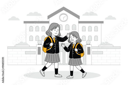 Schoolgirls Greeting Each Other at School Gate