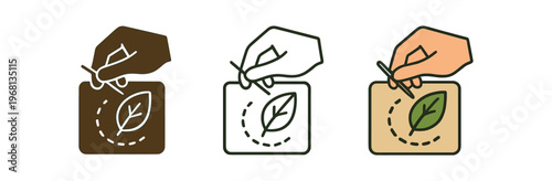 Hand sewing leaf patch icon set. mending, stitching, repair, sustainable craft, eco label, textile patch, needlework. line, flat and colored vector icon set.