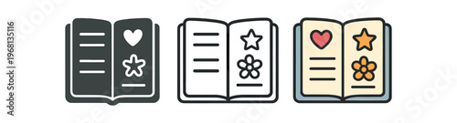 Open journal icon set. notebook, diary, planner, scrapbook, journaling, notes, heart, star, flower, creativity, memory keeping. outline flat and colored vector illustration.