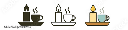Candle and coffee cup on tray icon set. cozy ritual, relaxation, tea, morning routine, self care, hygge atmosphere. outline flat and colored vector illustration.