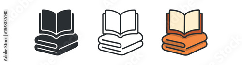 Open book on folded blanket icon set. reading, cozy, literature, pages, comfort, bedtime, relaxation. line, flat and colored vector icon set.