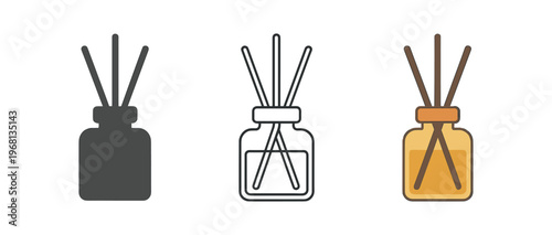 Reed diffuser bottle with sticks icon set. aroma, fragrance, scent, essential oil, home fragrance, aromatherapy. line, flat and colored vector icon set.