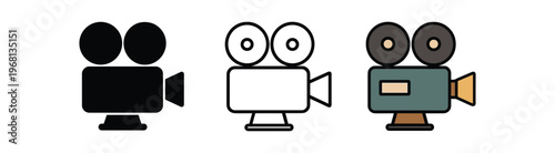 Retro movie camera icon set. film camera, cinema, video recording, vintage camera, movie production. outline flat and colored vector illustration.