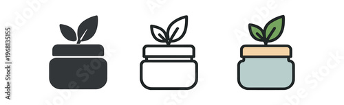 Cosmetic cream jar icon set. natural beauty, skincare, organic, moisturizer, face cream, eco cosmetic. outline flat and colored vector illustration.