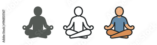Meditation person icon set. meditating figure, yoga pose, lotus position, mindfulness, relaxation, wellness, calm. line, filled and colored vector icon set.