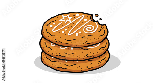 A delightful stack of homemade decorated gingerbread cookies featuring intricate white icing patterns and a playful bite mark on the top treat