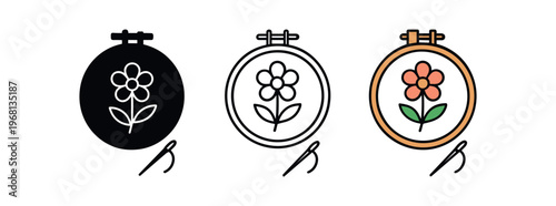 Embroidery hoop icon set. flower embroidery, needle and thread, hoop art, craft hobby, needlework, floral stitch. sewing, handmade, diy, craft supplies. line, flat and colored vector icon set.