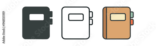 Journal icon set. notebook, diary, planner, organizer, sketchbook, writing, notes. cozy stationery, page, tab, compact, personal. line, flat and colored vector icon set.