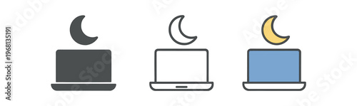 Laptop with crescent moon icon set. night mode, evening, sleep, do not disturb, late work, computer, device, bedtime, nighttime screen. line, flat and colored vector icon set.