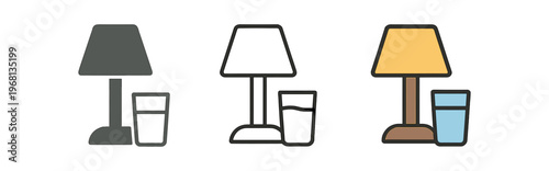 Bedside lamp with glass icon set. nightstand lamp, drinking glass, bedroom, reading light, bedside table, nighttime routine, sleep prep. line, flat and colored vector icon set.