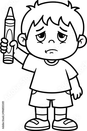 Angry little boy holding crayon.