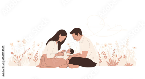 Family Love: Parents with Newborn Baby in Field of Wildflowers