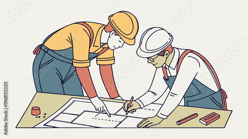 Construction professionals collaborating on blueprints and plans at a table, showcasing teamwork and planning in the industry