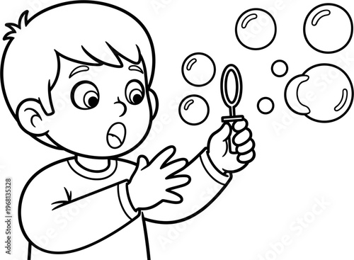Boy Blowing Bubbles With Wonder.