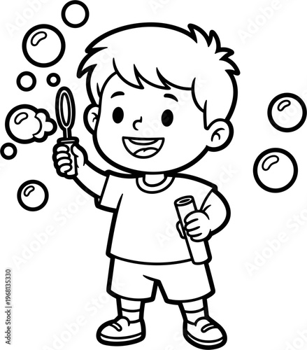 Boy Blowing Bubbles With Wand.