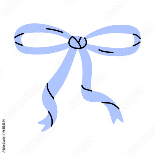 Vector hand drawn light blue ribbon bow with long flowing tails. Delicate coquette bow clipart for soft girl branding, wedding stationery, planner decoration, gift tag and sticker design.