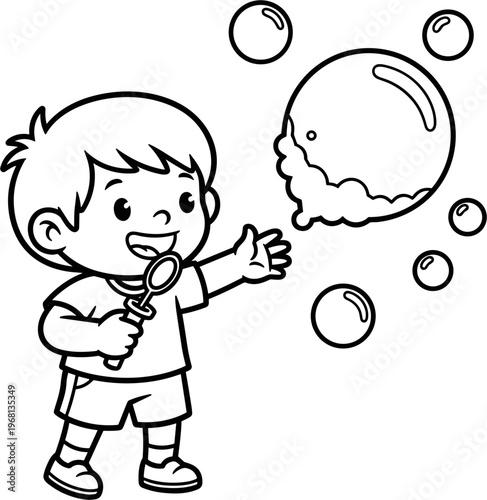Boy blowing soap bubbles outside play.