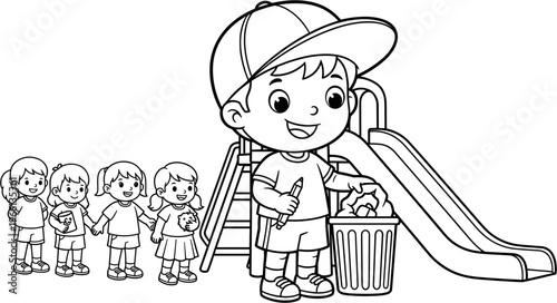 Boy Cleaning Up Playground Trash.