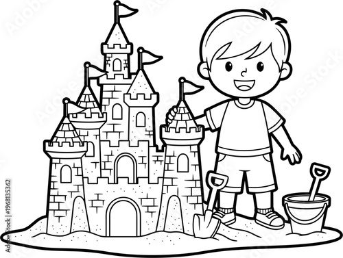 Boy Building a Large Sand Castle.
