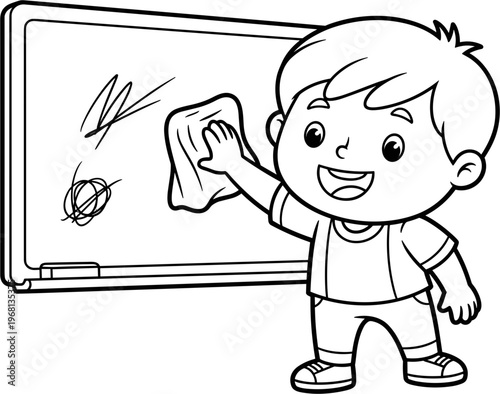 Boy Cleaning Whiteboard with Cloth.