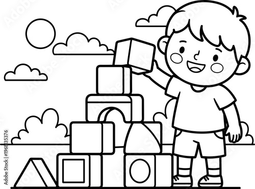 Boy Building with Blocks Outdoors.