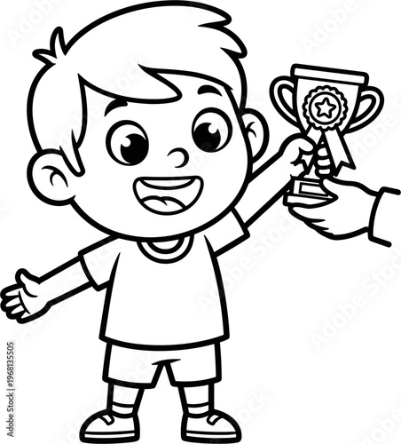 Boy holding a trophy cup high.