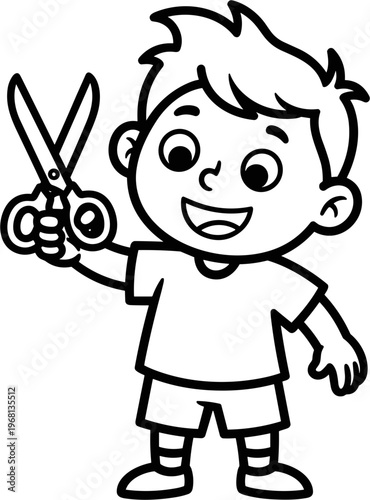 Boy holding big metal scissors.