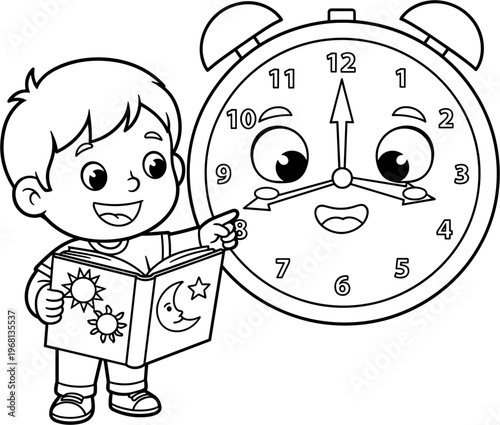 Boy holding book and smiling clock.