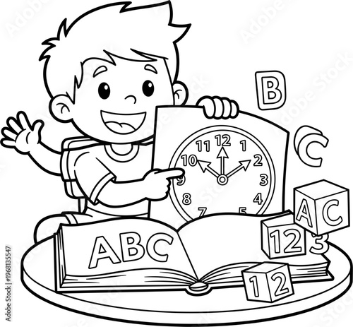 Boy holding clock and book learning.