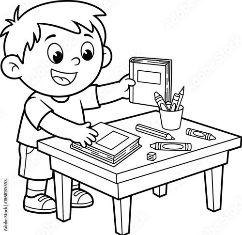 Boy holding book at desk table 1.