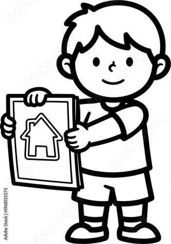 Boy Holding House Picture Frame.